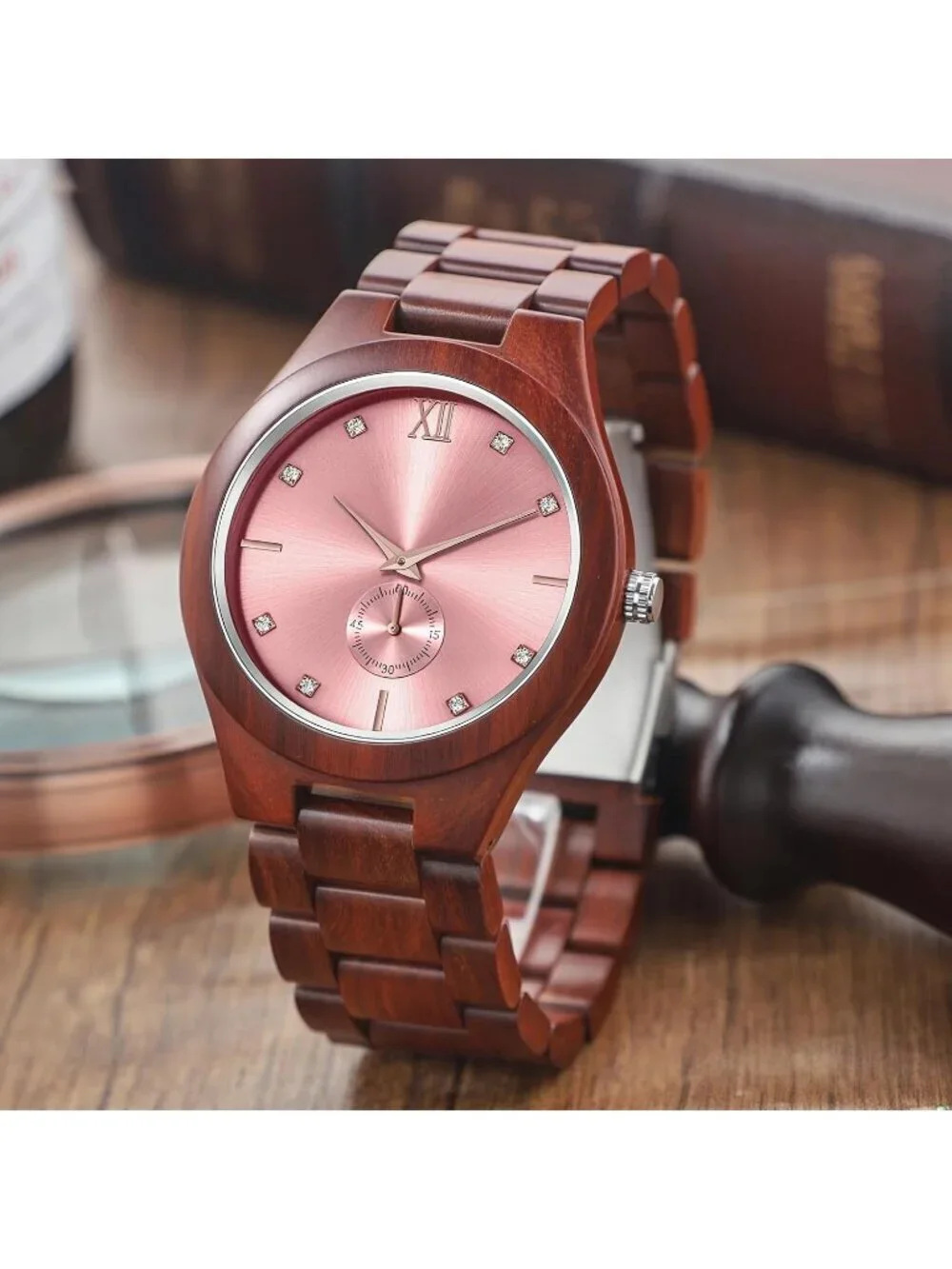 Men's Red&Pink 100% Manual Classic Wrist Analog Quartz Handmade Wooden Watch